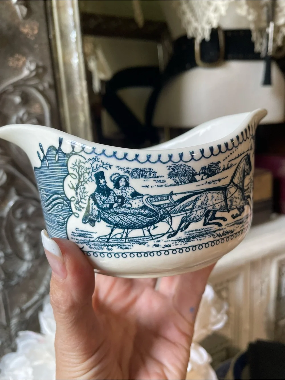 Currier & Ives sleigh ride, blue and white ceramic gravy boat vintage